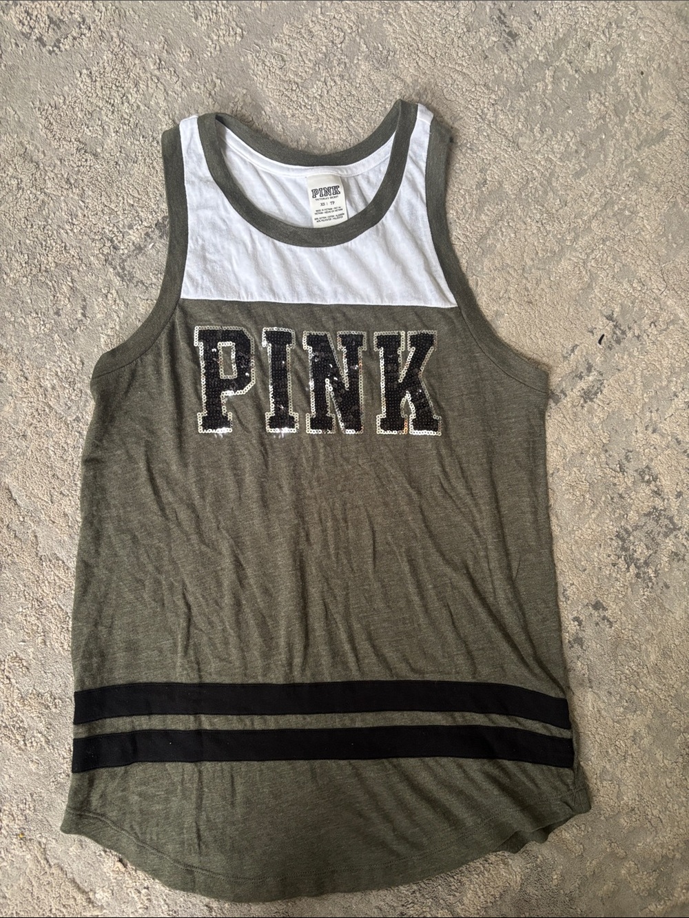 PINK Victoria's Secret Olive Green & White Sequin Logo Tank